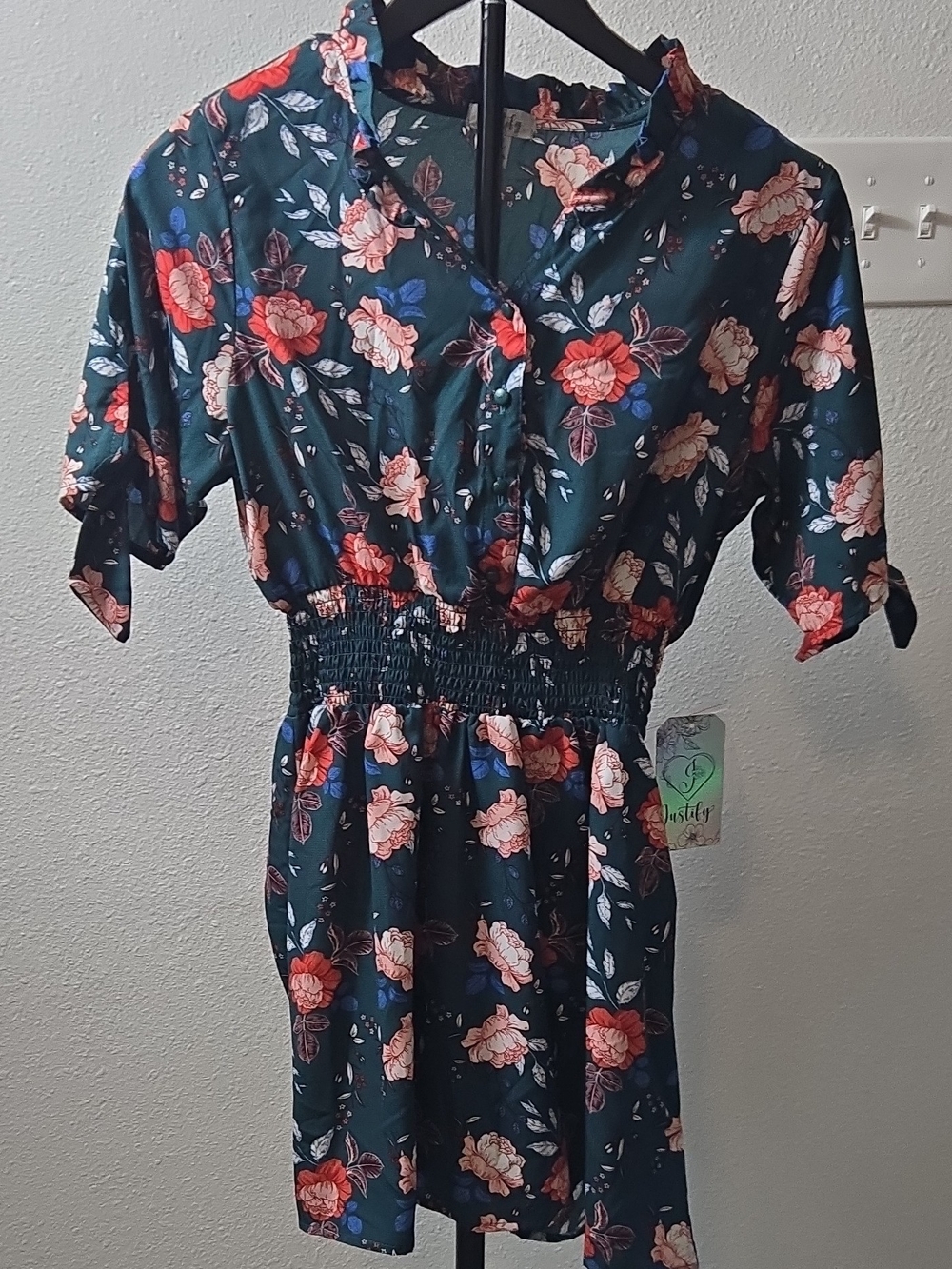Justify Dark Teal Floral Smocked-Waist Mini Dress